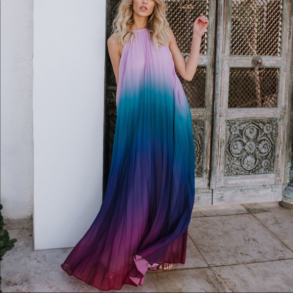 pleated ombre maxi dress